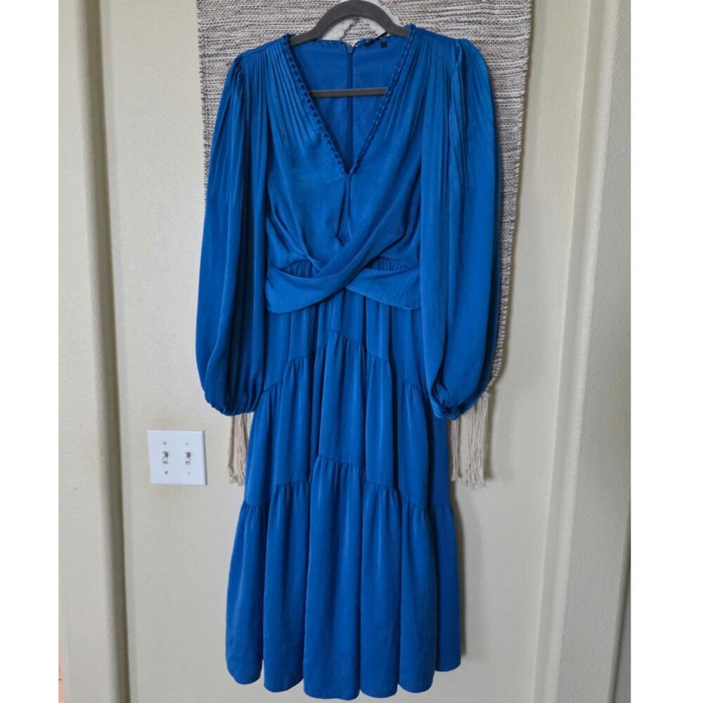 Kobi Halperin Women's Blue Twist Front Pleated Long Sleeve Midi Dress Size S